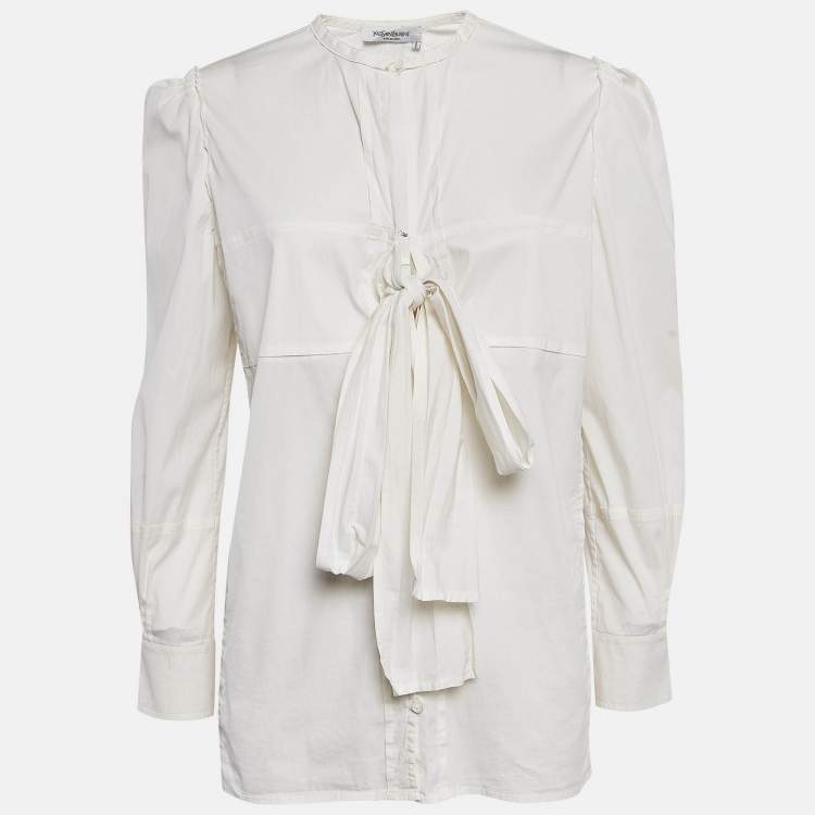 Pre Owned Yves Saint Laurent Paris Off-White Cotton Stretch Tie-Up Blouse L