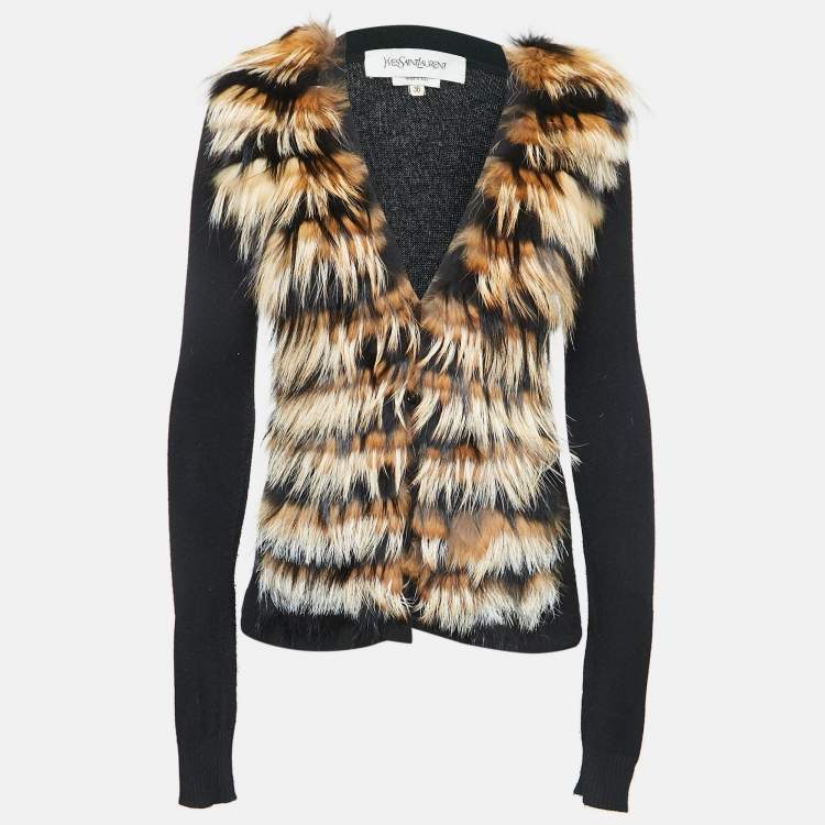 Pre Owned Yves Saint Laurent Black Real Fur Knit Button Front Cardigan S