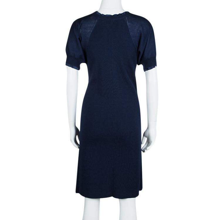 Pre Owned Yves Saint Laurent Blue Wool Buckled Waist Detail Short Sleeve Dress S