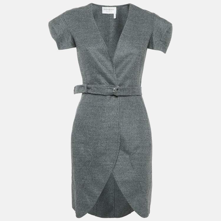 Pre Owned Yves Saint Laurent Vintage Grey Wool Belted Mini Dress S