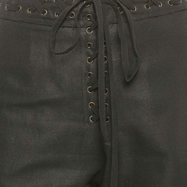 Pre Owned Yves Saint Laurent Vintage Black Gabardine Lace-Up Detail Trousers L