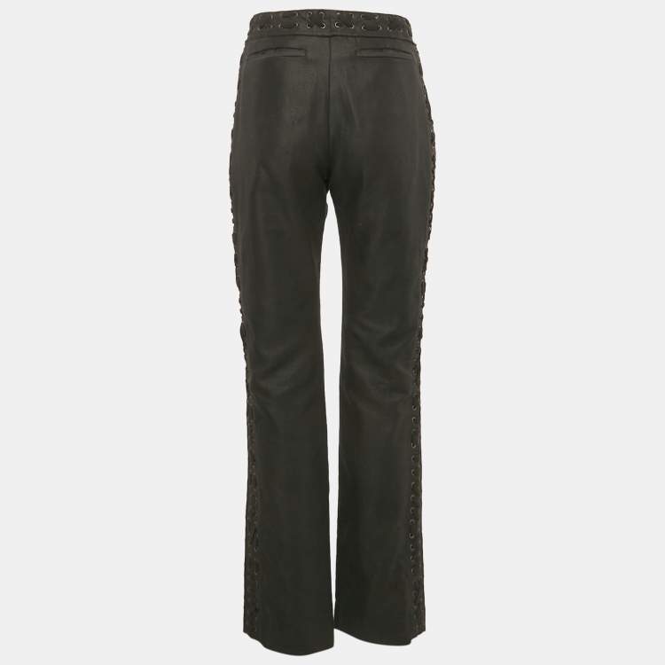 Pre Owned Yves Saint Laurent Vintage Black Gabardine Lace-Up Detail Trousers L