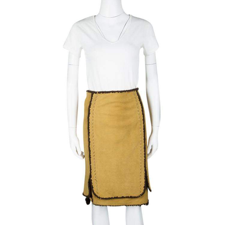 Pre Owned Yves Saint Laurent Paris Mustard Suede Contrast Trim Skirt S