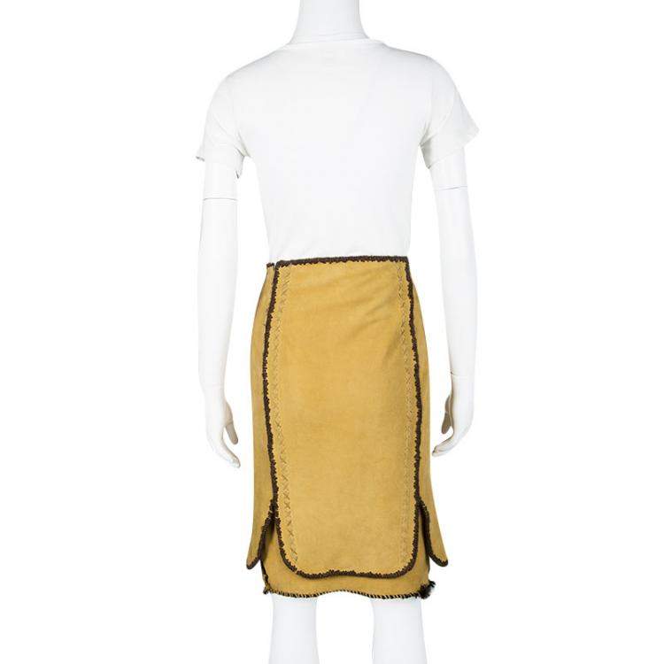 Pre Owned Yves Saint Laurent Paris Mustard Suede Contrast Trim Skirt S
