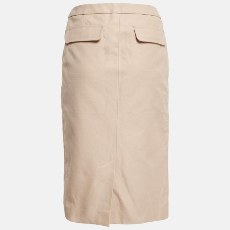 Pre Owned Yves Saint Laurent Vintage Beige Cotton Gabardine Knee-Length Skirt L