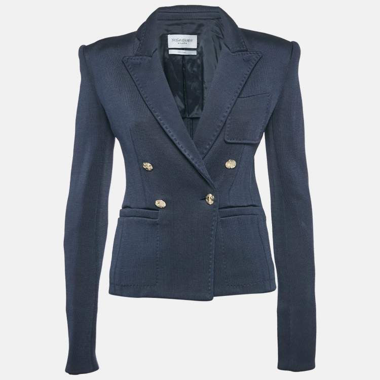 Pre Owned Yves Saint Laurent Navy Blue Rib Knit Double Breasted Blazer S