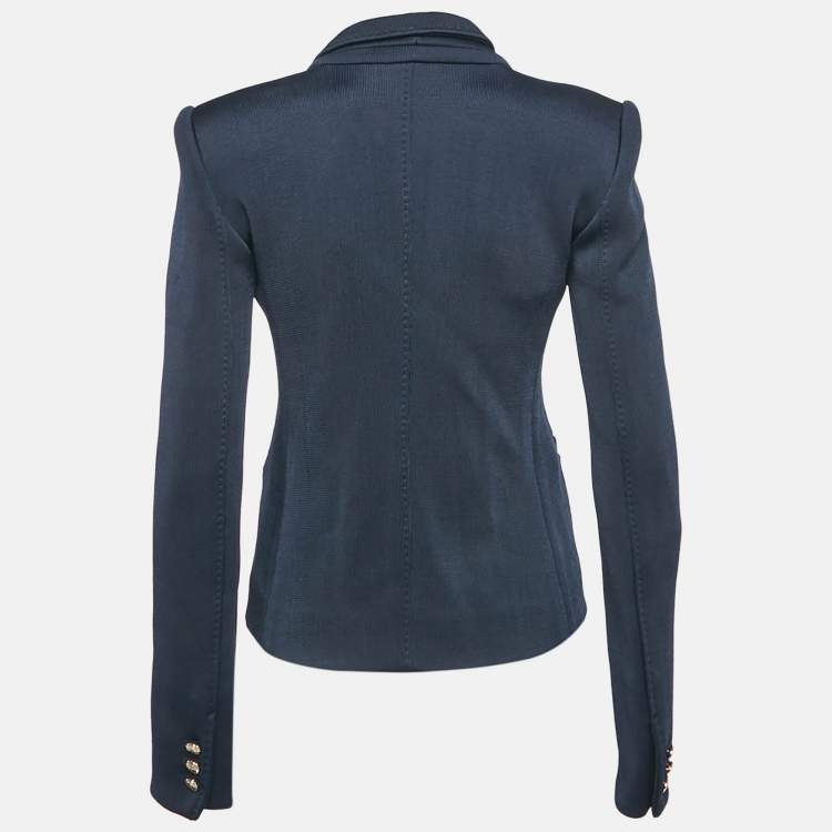 Pre Owned Yves Saint Laurent Navy Blue Rib Knit Double Breasted Blazer S