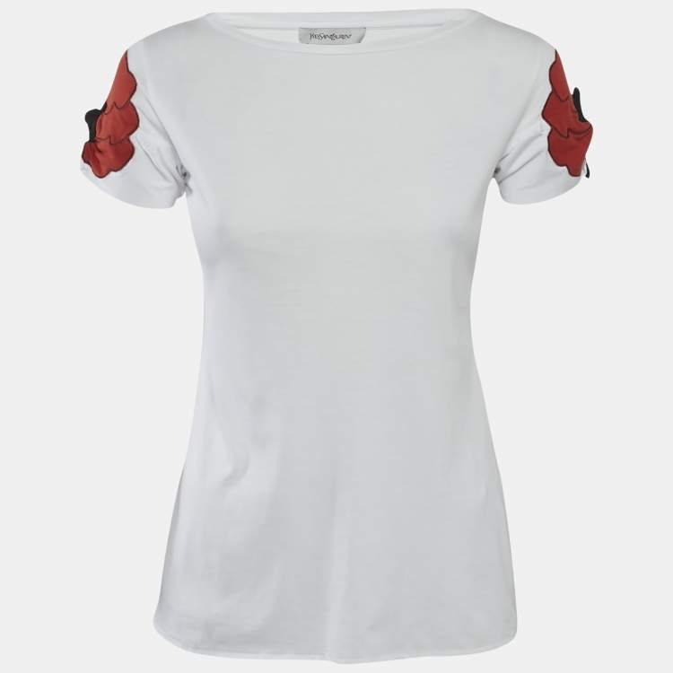 Pre Owned Yves Saint Laurent Vintage White Cotton Floral Applique Detail Top S