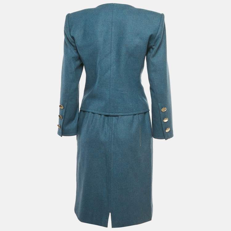 مملوكة مسبقًا Yves Saint Laurent Vintage Teal Wool Blazer & Skirt Set M/L