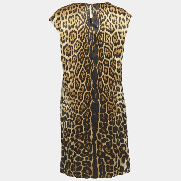 Pre Owned Yves Saint Laurent Brown Leopard Printed Silk Satin Cowl Neck Detail Shift Dress L