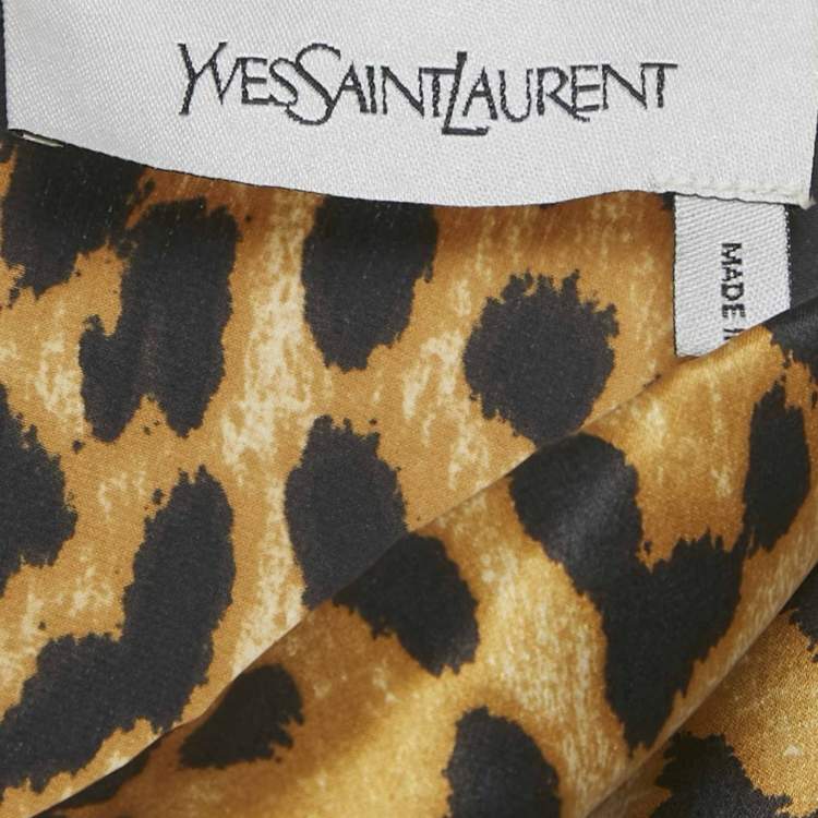Pre Owned Yves Saint Laurent Brown Leopard Printed Silk Satin Cowl Neck Detail Shift Dress L