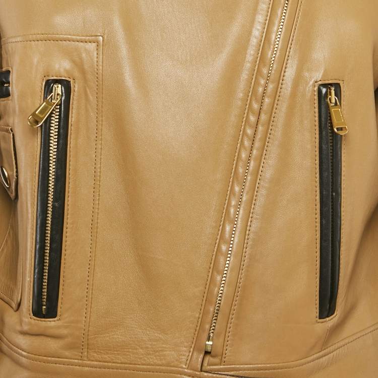 Pre Owned جاكيت من الجلد بني/أسود بسحّاب من إيف سان لوران مقاس كبير (لارج)