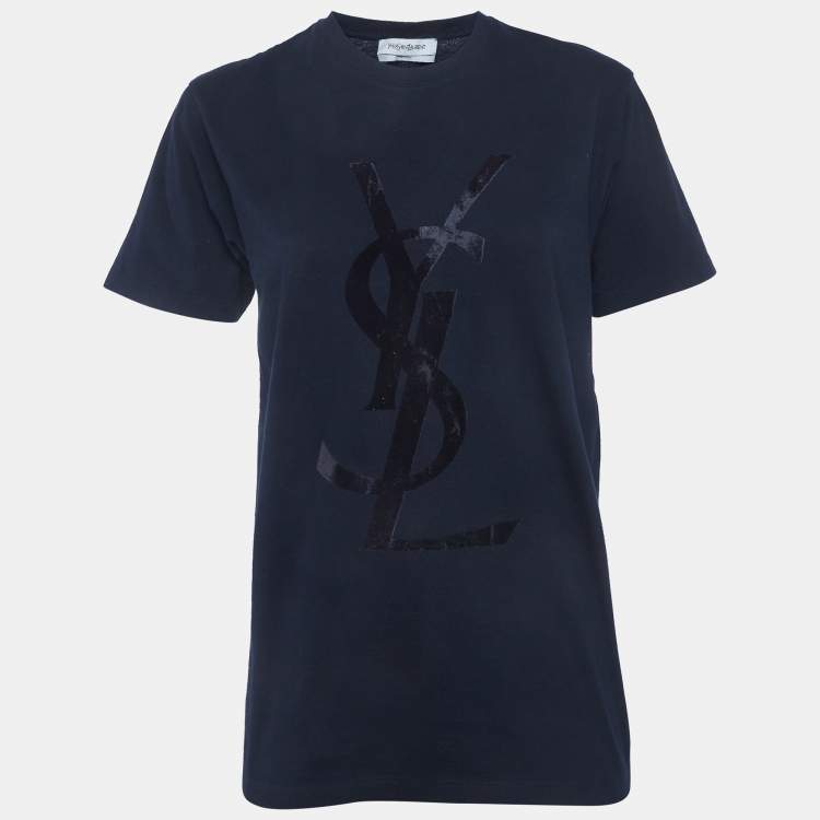 Pre Owned Yves Saint Laurent Navy Blue Logo Flocked Jersey T-Shirt M