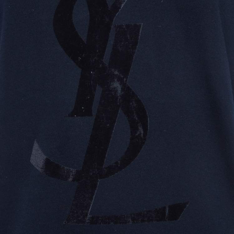 Pre Owned Yves Saint Laurent Navy Blue Logo Flocked Jersey T-Shirt M