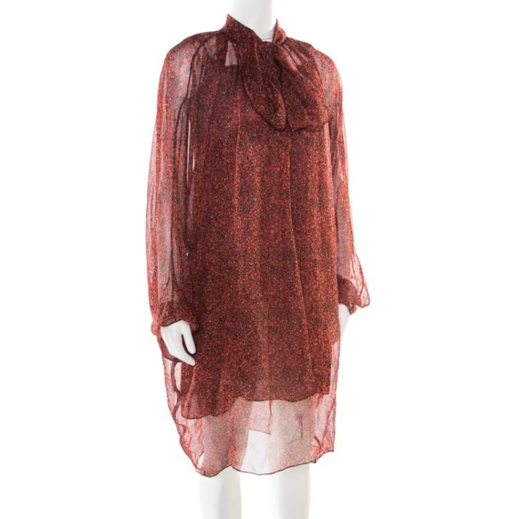 Pre Owned Yves Saint Laurent Red Printed Silk Chiffon Neck Tie Detail Long Sleeve Dress L