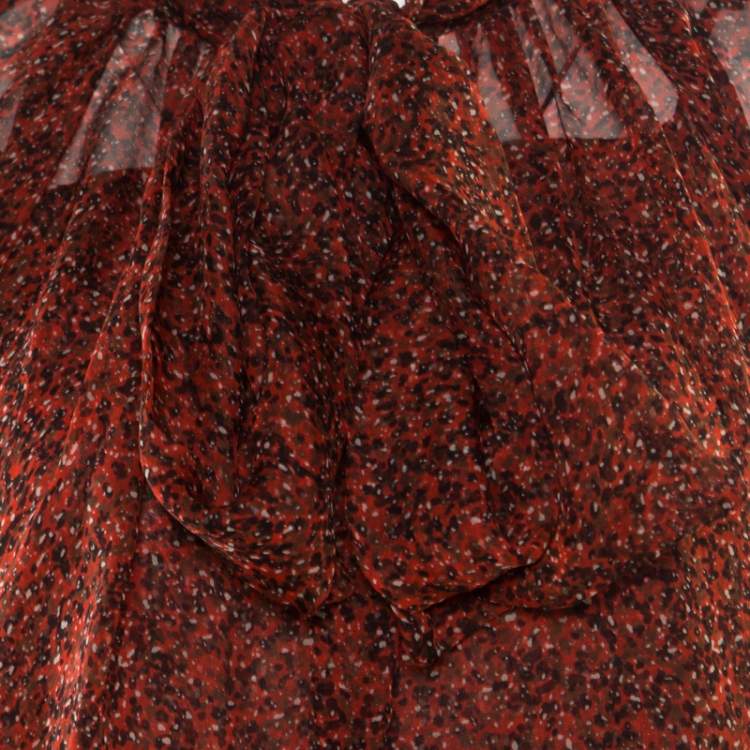 Pre Owned Yves Saint Laurent Red Printed Silk Chiffon Neck Tie Detail Long Sleeve Dress L