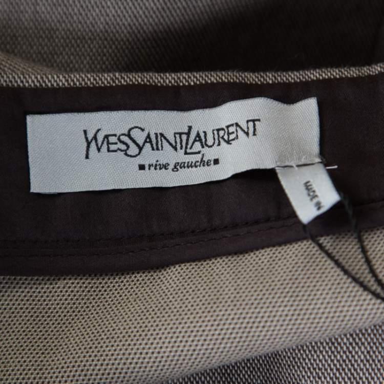 Pre Owned Yves Saint Laurent Paris Brown and White Textured Cotton Pencil Skirt L