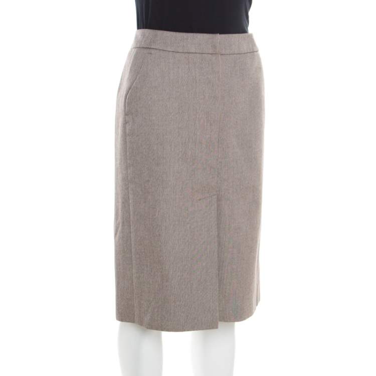Pre Owned Yves Saint Laurent Paris Brown and White Textured Cotton Pencil Skirt L