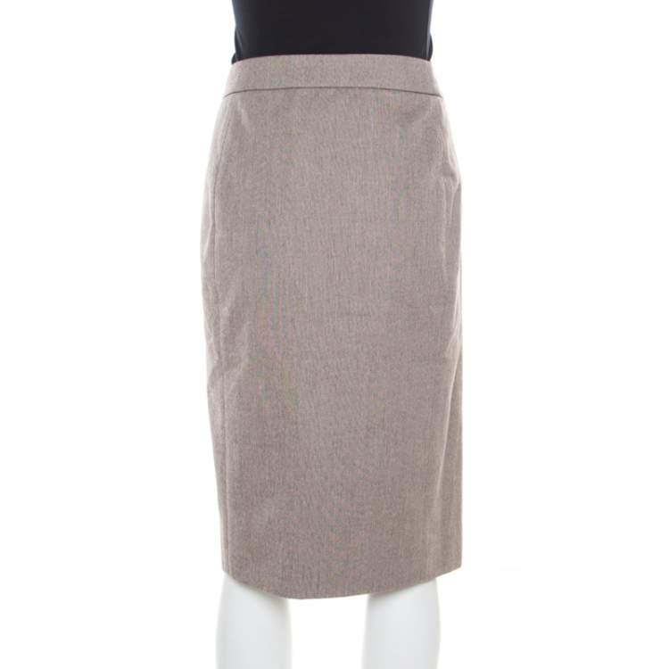 Pre Owned Yves Saint Laurent Paris Brown and White Textured Cotton Pencil Skirt L