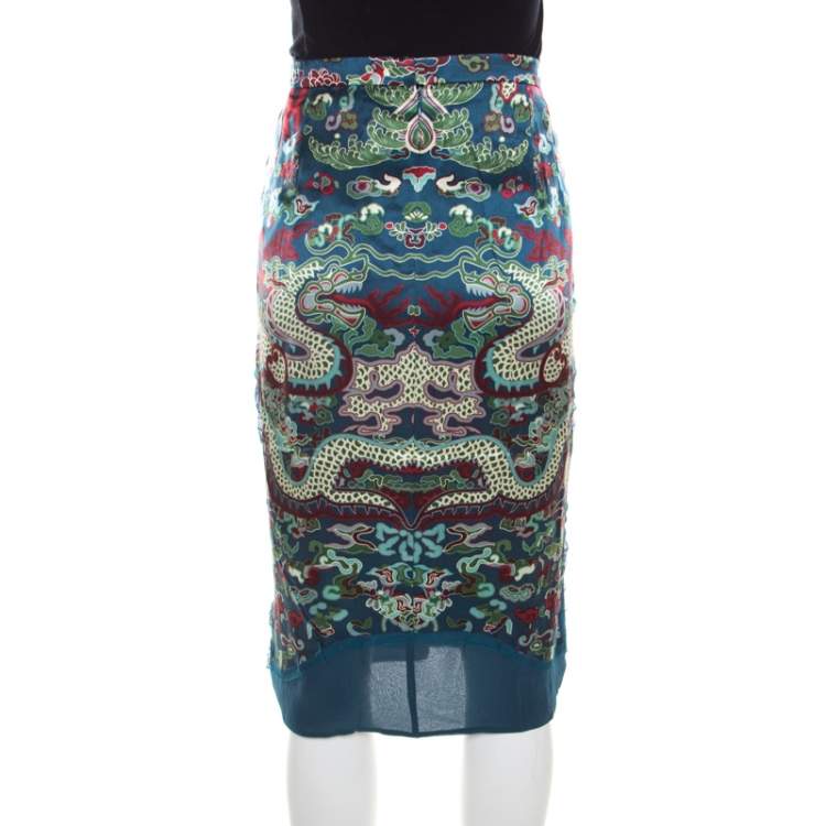 Pre Owned Yves Saint Laurent by Tom Ford Printed Silk Irregular Paneled Skirt XL