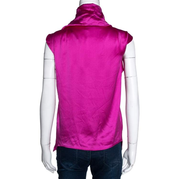 Pre Owned Yves Saint Laurent Fuschia Pink Silk Cowl Neck Top M