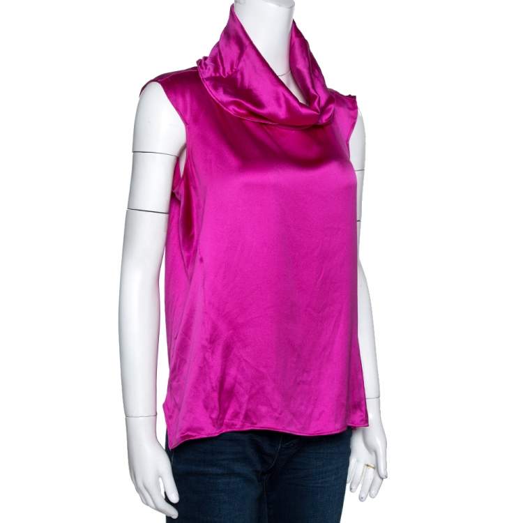 Pre Owned Yves Saint Laurent Fuschia Pink Silk Cowl Neck Top M
