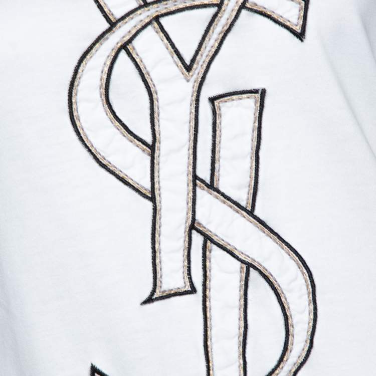 Pre Owned Yves Saint Laurent White Logo Embroidered Cotton Fitted T-Shirt L