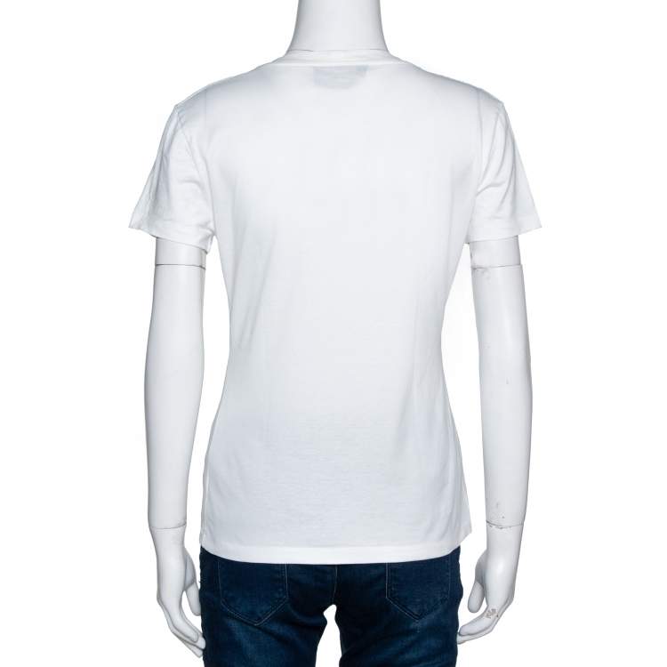 Pre Owned Yves Saint Laurent White Logo Embroidered Cotton Fitted T-Shirt L