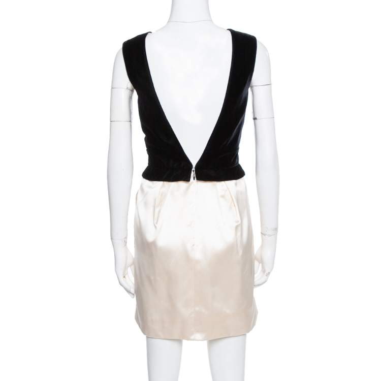 Pre Owned Yves Saint Laurent Cream Silk Velvet Trim Sleeveless Dress S