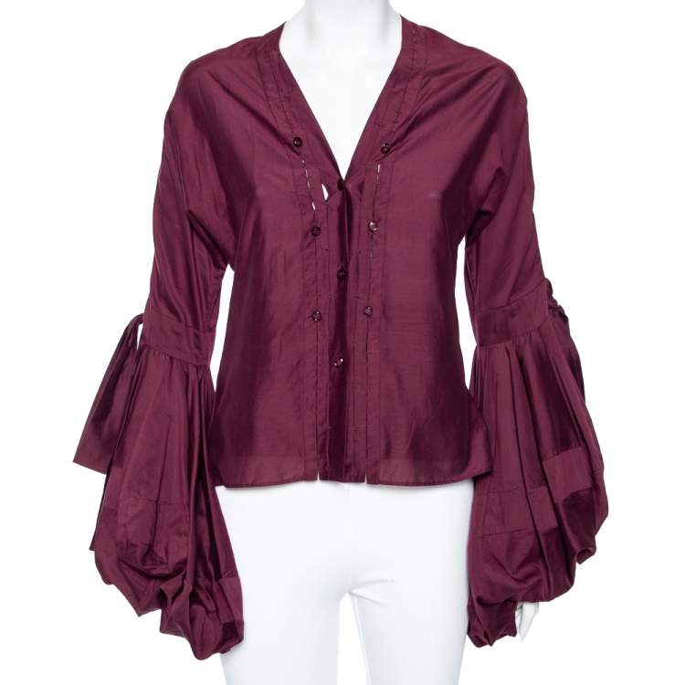 Pre Owned Yves Saint Laurent Burgundy Cotton Balloon Sleeve Detail Shirt M