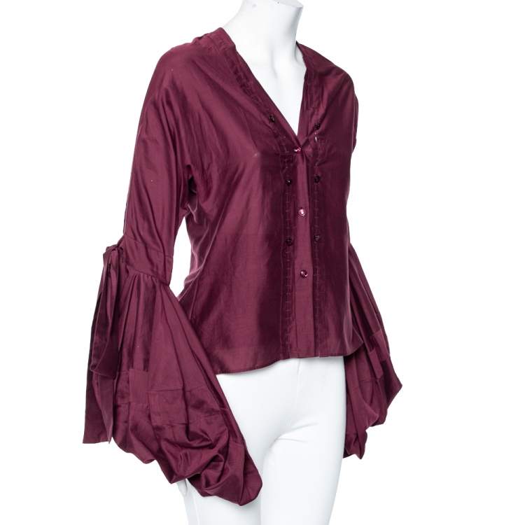 Pre Owned Yves Saint Laurent Burgundy Cotton Balloon Sleeve Detail Shirt M