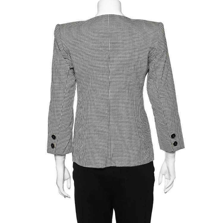 مملوكة مسبقًا Yves Saint Laurent Diffusion Femmes Vintage Monochrome Gingham Checkered Wool Collarless Jacket S