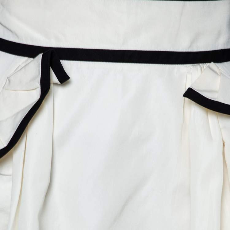 Pre Owned Yves Saint Laurent Ecru Cotton Contrast Trimmed Pleated Skirt M