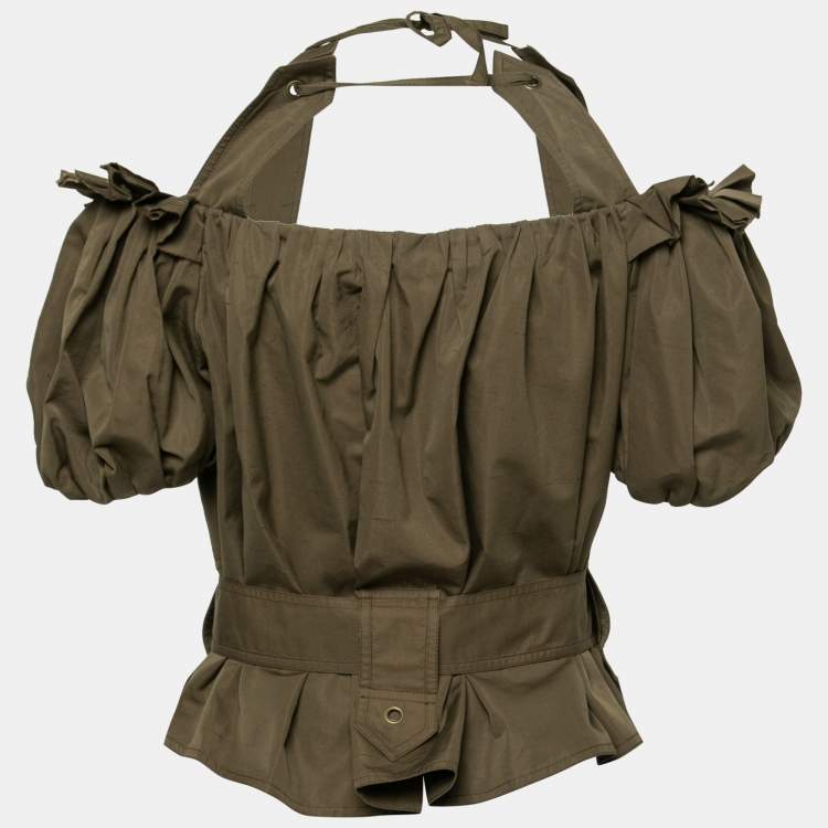 Pre Owned Yves Saint Laurent Olive Green Tie Detail Off Shoulder Belted Safari Top M