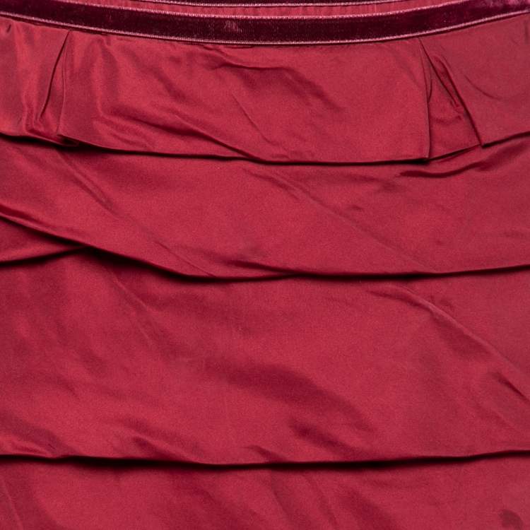Pre Owned Yves Saint Laurent Vintage Red Silk Tiered Pencil Skirt M