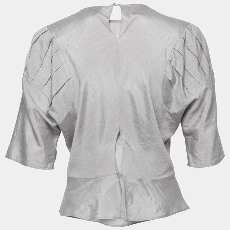 Pre Owned Yves Saint Laurent Grey Silk & Cotton Round Neck Top M