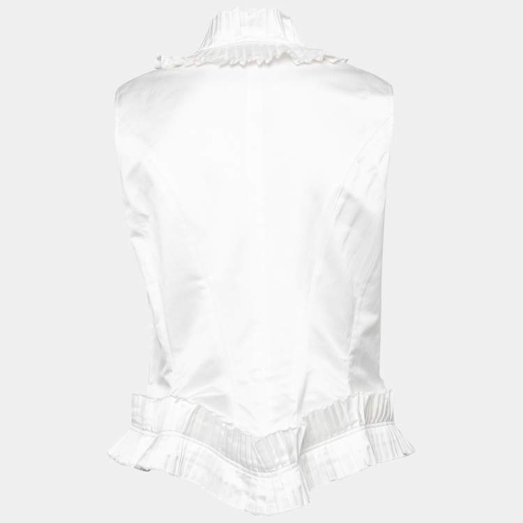Pre Owned Yves Saint Laurent White Cotton Pleated Ruffled-Collar Boxy Vest M