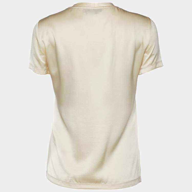 Pre Owned Yves Saint Laurent Cream Logo Embroidered Silk Satin Top M