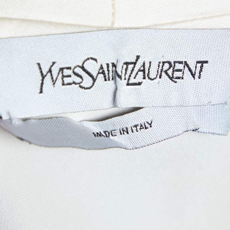 Pre Owned Yves Saint Laurent Cream Logo Embroidered Silk Satin Top M