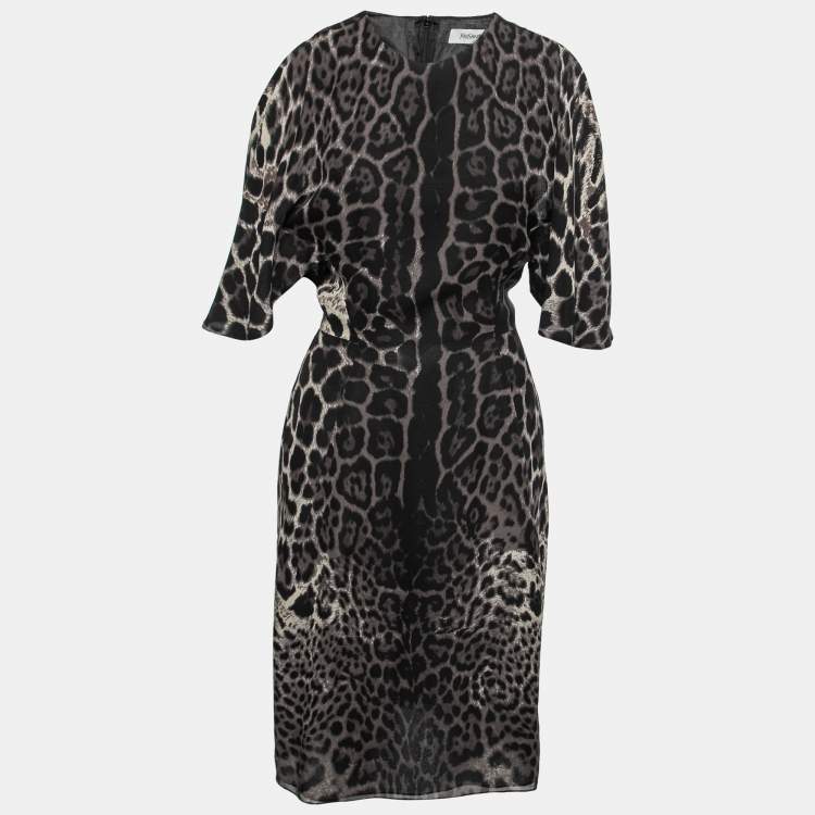 مملوكة مسبقًا Yves Saint Laurent Black Animal Print Silk Cold-Shoulder Dress M