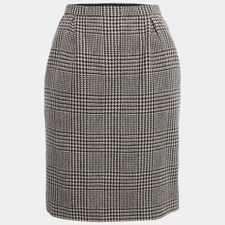 Pre Owned Yves Saint Laurent Vintage Black Houndstooth Patterned Wool Knee Length Skirt S