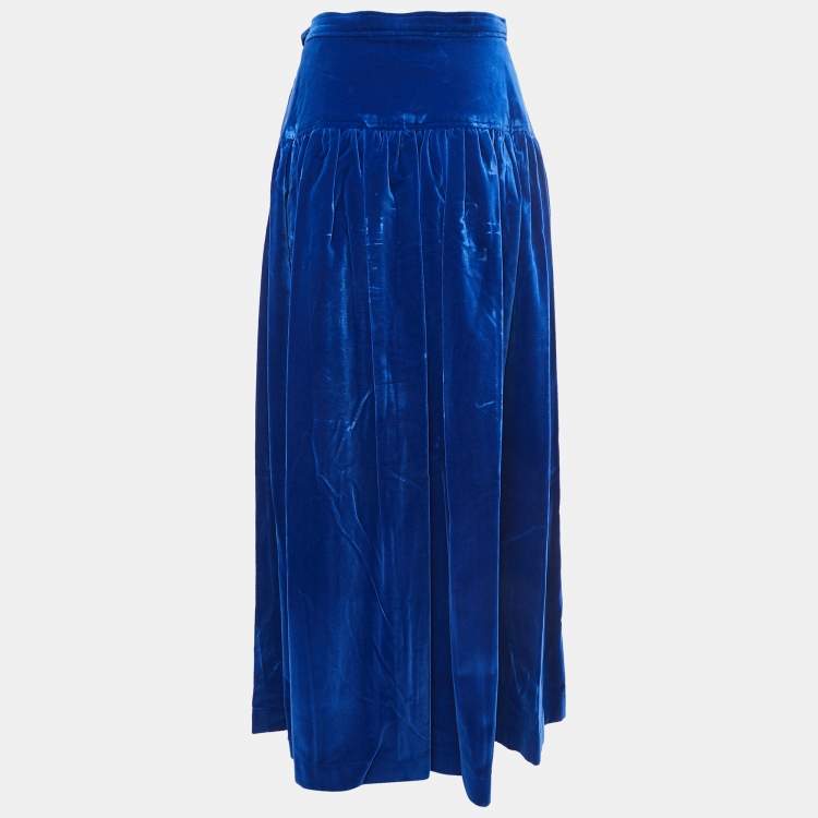 Pre Owned Yves Saint Laurent Blue Velvet Pleated Maxi Skirt S