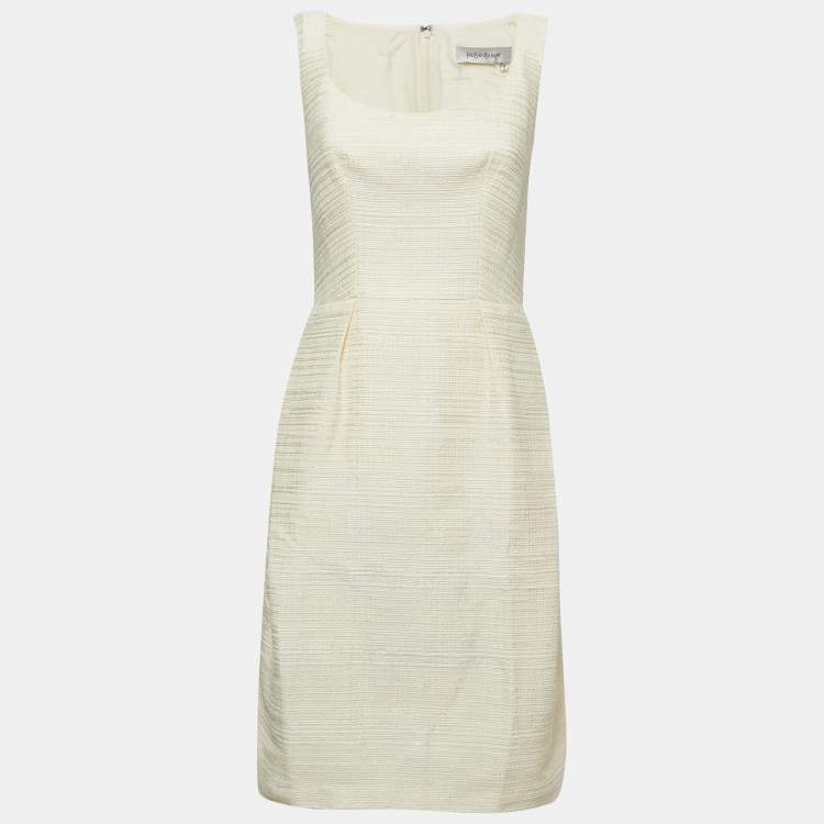 Pre Owned Yves Saint Laurent Cream Jacquard Sheath Midi Dress M