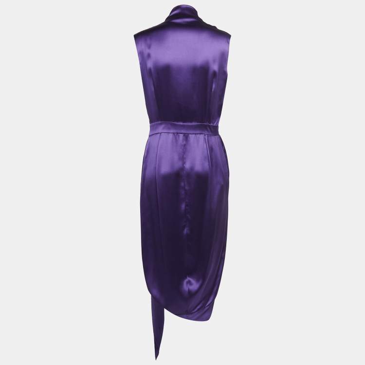 Pre Owned Yves Saint Laurent Purple Draped Satin Sleeveless Asymmetric Dress L