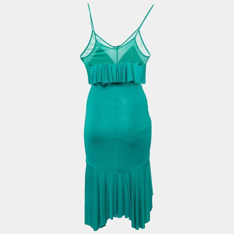 Pre Owned Yves Saint Laurent Vintage Green Mesh and Jersey Ruffled Slip Dress S