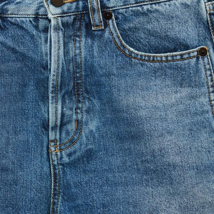 Pre Owned Yves Saint Laurent Blue Embroidered Denim Raw-Edge Shorts S