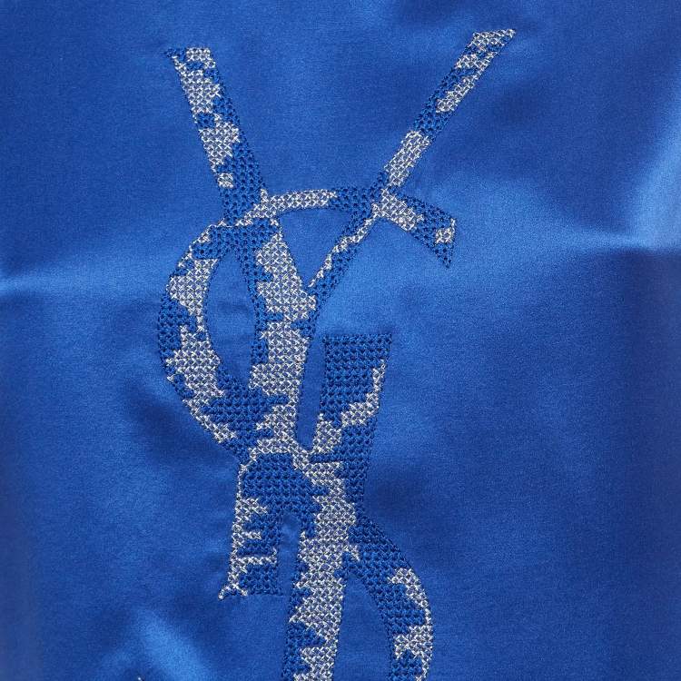 Pre Owned Yves Saint Laurent Blue Logo Embroidered Satin Silk T-Shirt S
