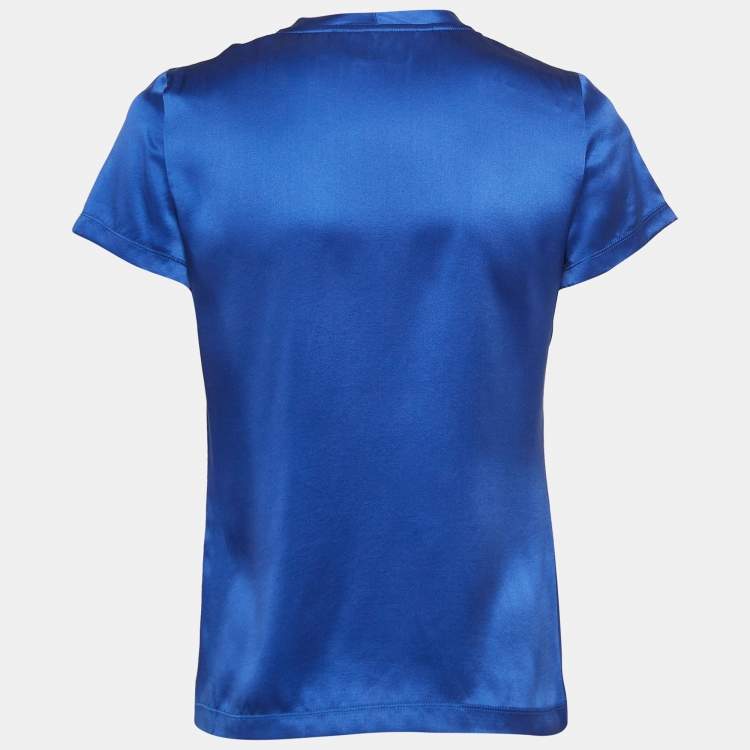 Yves Saint Laurent Blue Logo Embroidered Satin Silk T Shirt S Yves