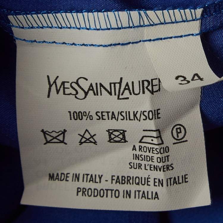 Pre Owned Yves Saint Laurent Blue Logo Embroidered Satin Silk T-Shirt S