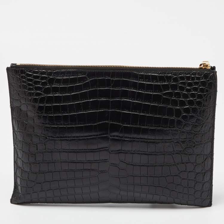 Pre Owned Saint Laurent Black Croc Embossed Leather Monogram Zip Pouch